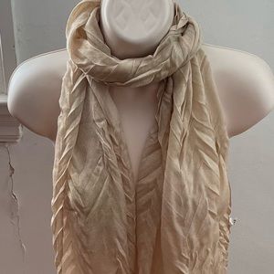Beige pleated textured acrylic semi sheer scarf with fringe trim, size 69»x15”